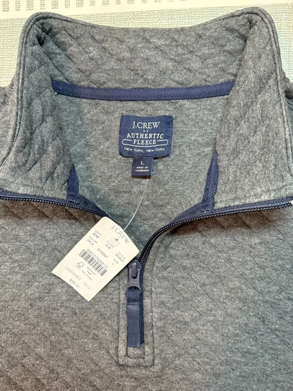 J.Crew Authentic Fleece Quilted Quarter Zip Pullover Charcoal Grey Large